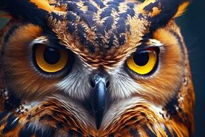 AI generated Owl headshot with closeup of face. Generative AI photo