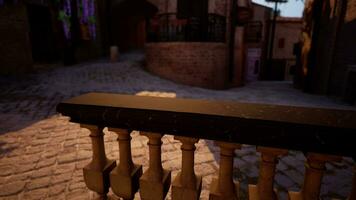 A close up of a railing with a brick building in the background video