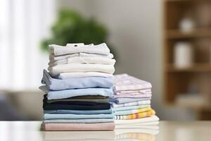 AI generated Stack of clean clothes on table in room. Generative AI photo