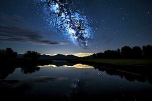 ai generado lechoso camino reflejado en lago. ai generado foto