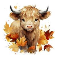 AI generated Happy cute baby highland cow in autumn leaves in the watercolor style. AI Generated photo