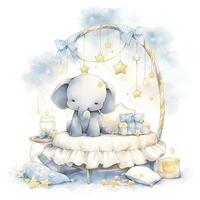 AI generated An elephant on a bed with stars and blankets around the circle. AI Generated photo