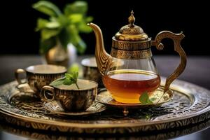 ai generado tradicional marroquí té conjunto con decorativo teteras, anteojos, y menta hojas. generativo ai foto