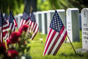 AI generated Military Headstones and Gravestones Decorated With Flags for Memorial Day.  AI Generated photo