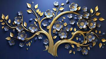 AI generated Elegant gold and royal blue floral tree with leaves and flowers hanging branches illustration background. AI Generated. photo