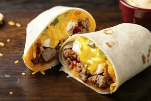 AI generated Breakfast burrito with sausage, eggs, hashbrown and cheese. AI Generated photo