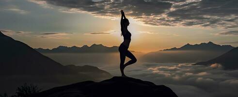 AI generated silhouette of a woman practicing yoga in the summit with mountain Background. AI Generated photo