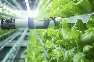 AI generated Automatic Agricultural Technology With Close-up View Of Robotic Arm Harvesting Lettuce In Vertical Hydroponic Plant. AI Generated photo