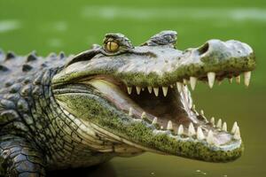 AI generated Crocodile with its mouth wide open with a green lake in the green background. AI Generated photo