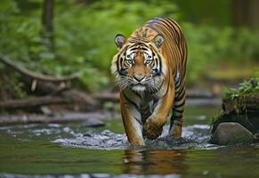 AI generated Amur tiger walking in the water. Dangerous animal.  Animal in a green forest stream. Generative AI photo