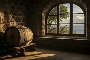 AI generated Barrel in an ancient castle beside the window. AI Generated photo