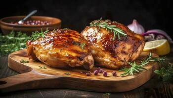 AI generated Closeup of tasty roast chicken breast served on wooden board. Grilled chicken. Generative AI photo