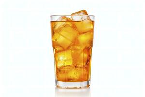 AI generated A glass of orange soda water with ice cubes on white background. AI Generated photo