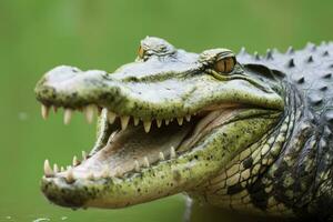 AI generated Crocodile with its mouth wide open with a green lake in the green background. AI Generated photo