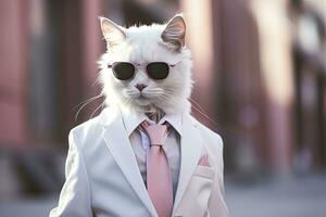 AI generated A cat is wearing sunglasses, suit and standing on street. AI Generated photo