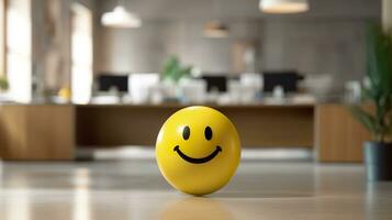 ai generado un amarillo sonriente pelota lata promover un positivo trabajo ambiente. generativo ai foto