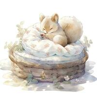 AI generated A sleepy baby squirrel in a bedding. watercolor illustration. AI Generated photo