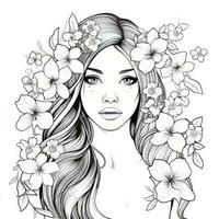 AI generated A girl on a coloring book page with Jasmine flowers. AI Generated photo