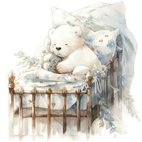 AI generated A sleepy baby white bear in bedding. watercolor illustrations. AI Generated photo