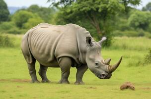 AI generated White Rhino grazing. AI Generated photo