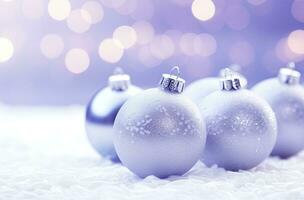 AI generated Christmas decorations ball on snow background. AI Generated photo