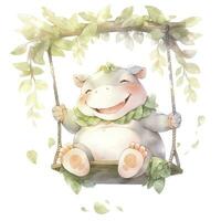 AI generated Cute happy baby rhino on swings in the tree in watercolor style. AI Generated photo