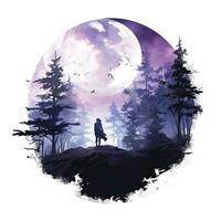 AI generated Forest moon silhouette with fairy shining in the night sky on a white background. AI Generated photo