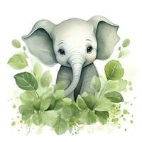 AI generated Happy cute baby elephant in green leaves in the watercolor style. AI Generated photo