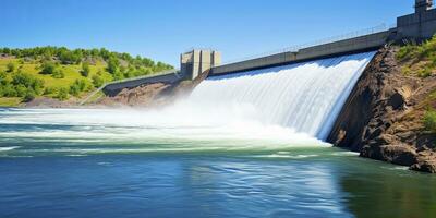 ai generado hidroeléctrico represa generando verde energía desde fluido agua. ai generado. foto