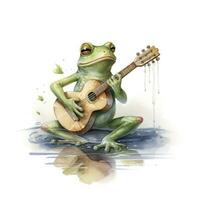 AI generated Watercolor green frog playing a tiny musical instrument on white background. AI Generated photo