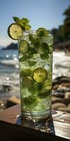 AI generated Stunning photo of cocktail mojito, a sunny summer beach in the background. Generative AI