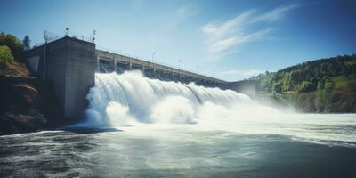 ai generado hidroeléctrico represa generando verde energía desde fluido agua. ai generado. foto