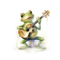 AI generated Watercolor green frog playing a tiny musical instrument on white background. AI Generated photo