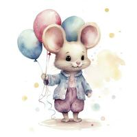 AI generated Watercolor mouse with balloons. AI Generated photo