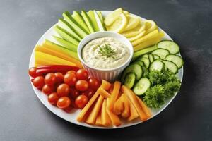 AI generated Crop shot of plate with colorful healthy sliced vegetables. AI Generated photo