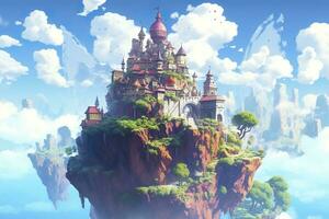 AI generated Ancient Heavenly Floating island in the sky with a castle, vibrant, fantasypunk, AI Generative photo