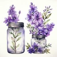 AI generated Collection of watercolor mason jars with purple flowers clipart. AI Generated photo