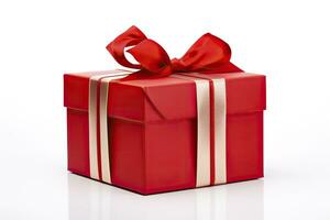 AI generated Gift box with red ribbon isolated on white background. AI Generated photo