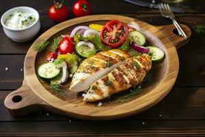 AI generated Seared chicken breast and Greek salad on a wooden table. Generative AI photo