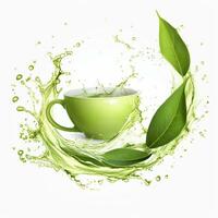 AI generated Green herbal tea wave splash with leaves flow. AI Generated photo