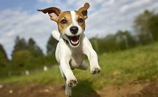 AI generated Jack Russel Parson Dog Run Toward The Camera Low Angle High Speed Shot. AI Generated photo