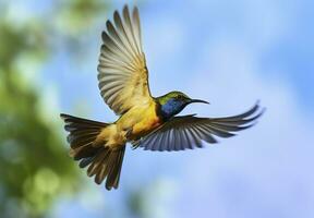 ai generado aceituna Respaldados pájaro sol, amarillo vientre Sunbird volador en el brillante cielo. generativo ai foto