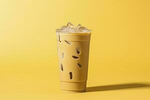 ai generado con hielo latté en amarillo antecedentes. ai generado foto