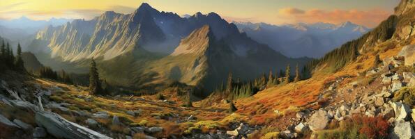 AI generated Panorama mountain autumn landscape. AI Generated photo