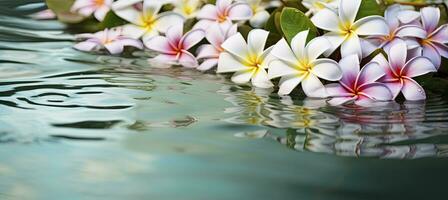 ai generado plumeria flores en verde hoja flotante en agua. un pacífico y sereno escena con un toque de naturaleza y belleza. ai generado foto