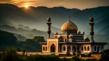 AI generated Rural Serenity Of Islamic Mosque Oasis at Dusk photo