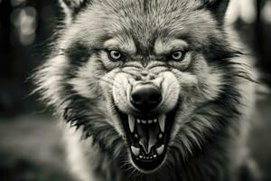 AI generated Greyscale closeup shot of an angry wolf with a blurred background. AI Generated photo