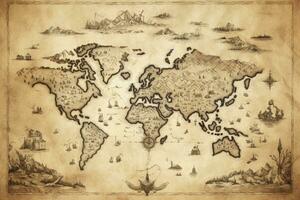 AI generated Great detailed illustration of the world map in vintage style. AI Generated photo