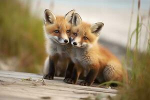 AI generated Wild baby red foxes cuddling at the beach. Generative AI photo