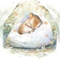 AI generated A sleepy baby squirrel in a bedding. watercolor illustration. AI Generated photo